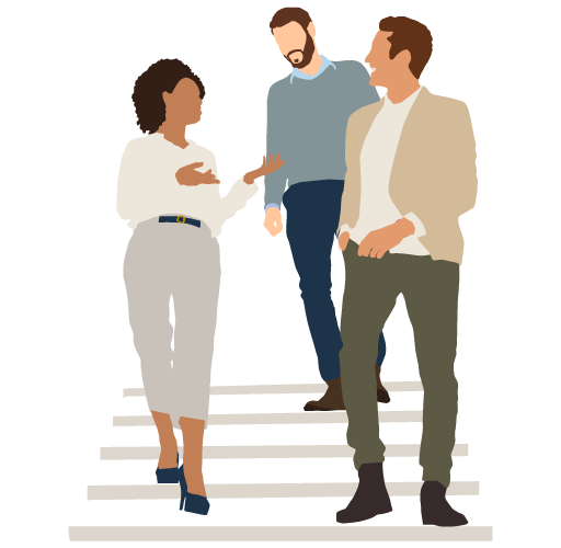 Illustration of three people talking while walking down stairs