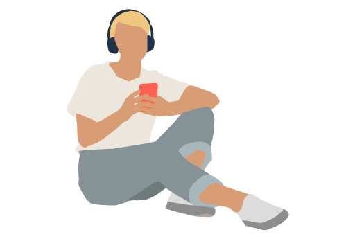 TM student using cell phone app with headphones